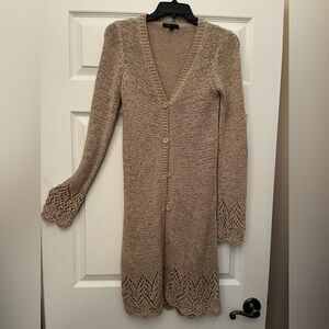 BCBG MaxAzria Crochet Knitted Long Cardigan.Size S, scalloped hem & sleeves.
